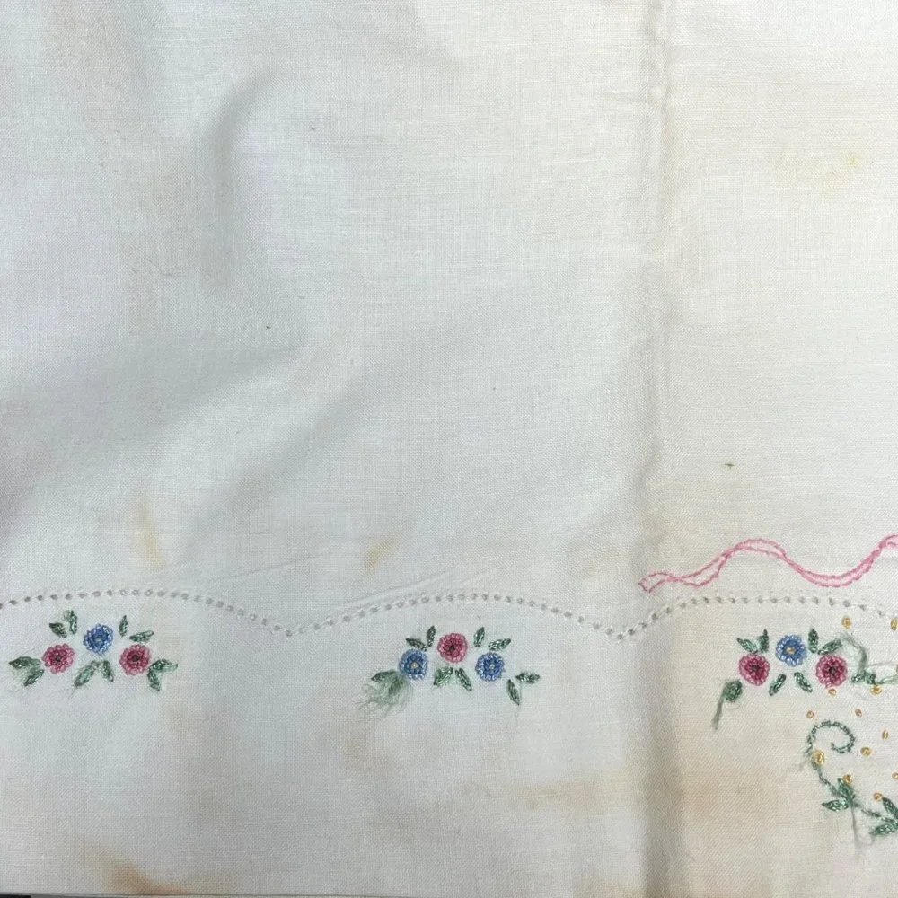 Vintage Hand-Embroidered Single Pillowcase Pink & Blue Floral Bouquet